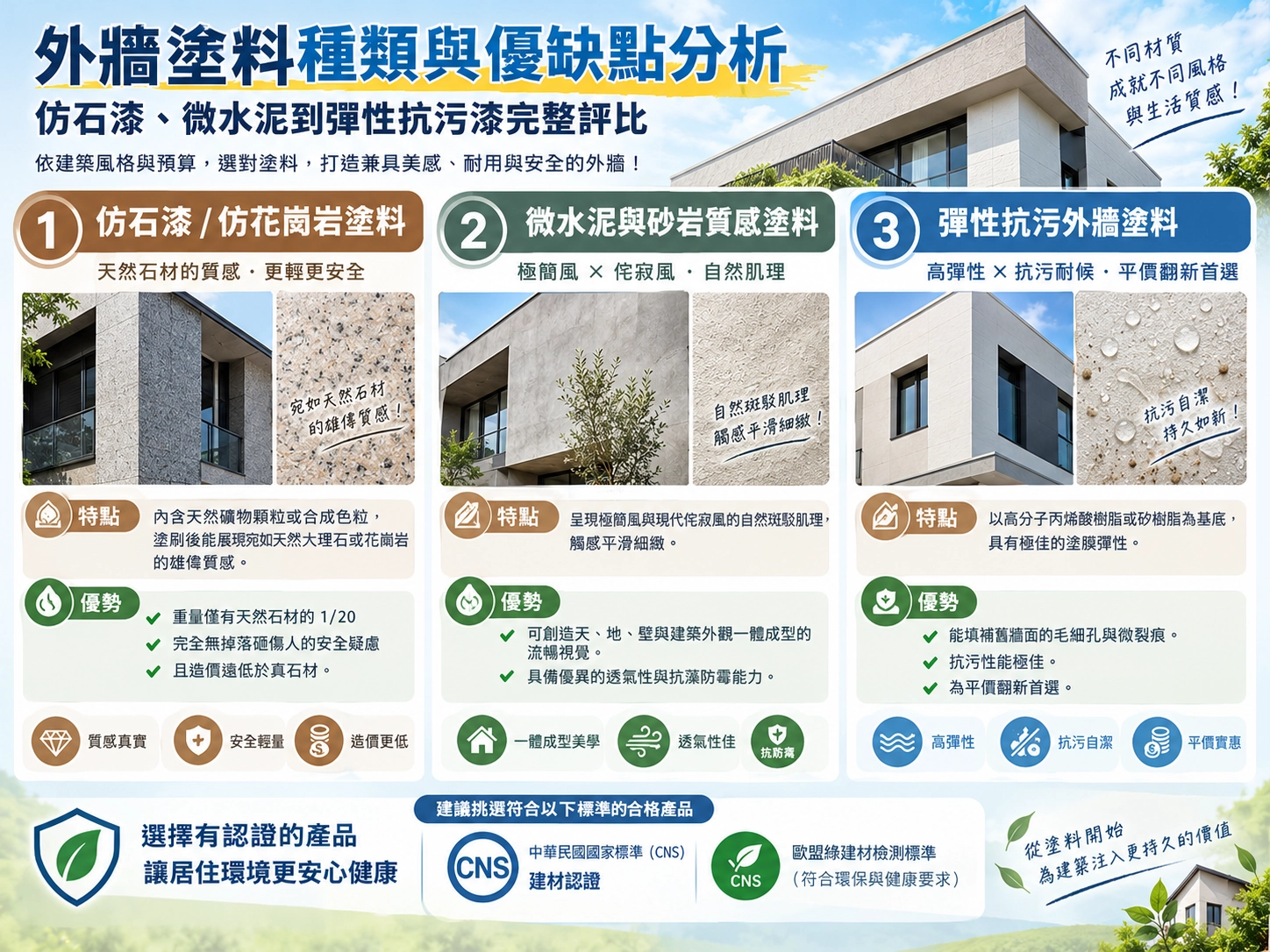 克信藝術塗裝|外牆塗料種類與優缺點分析比較圖