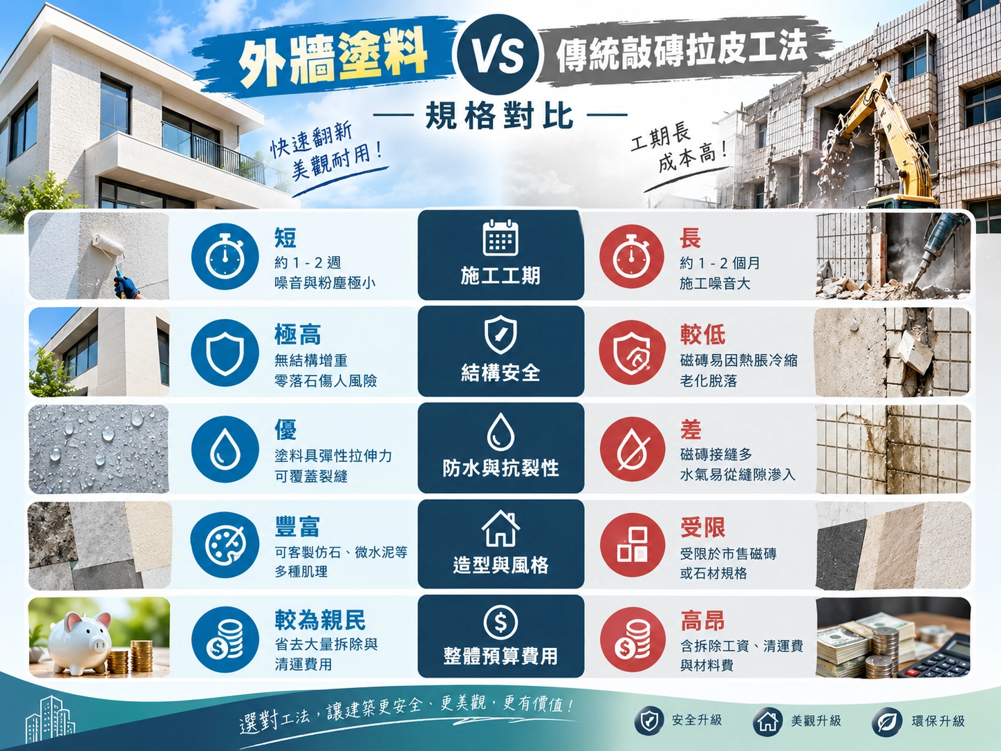 克信藝術塗裝|外牆塗料與傳統敲磚拉皮工法規格對比圖
