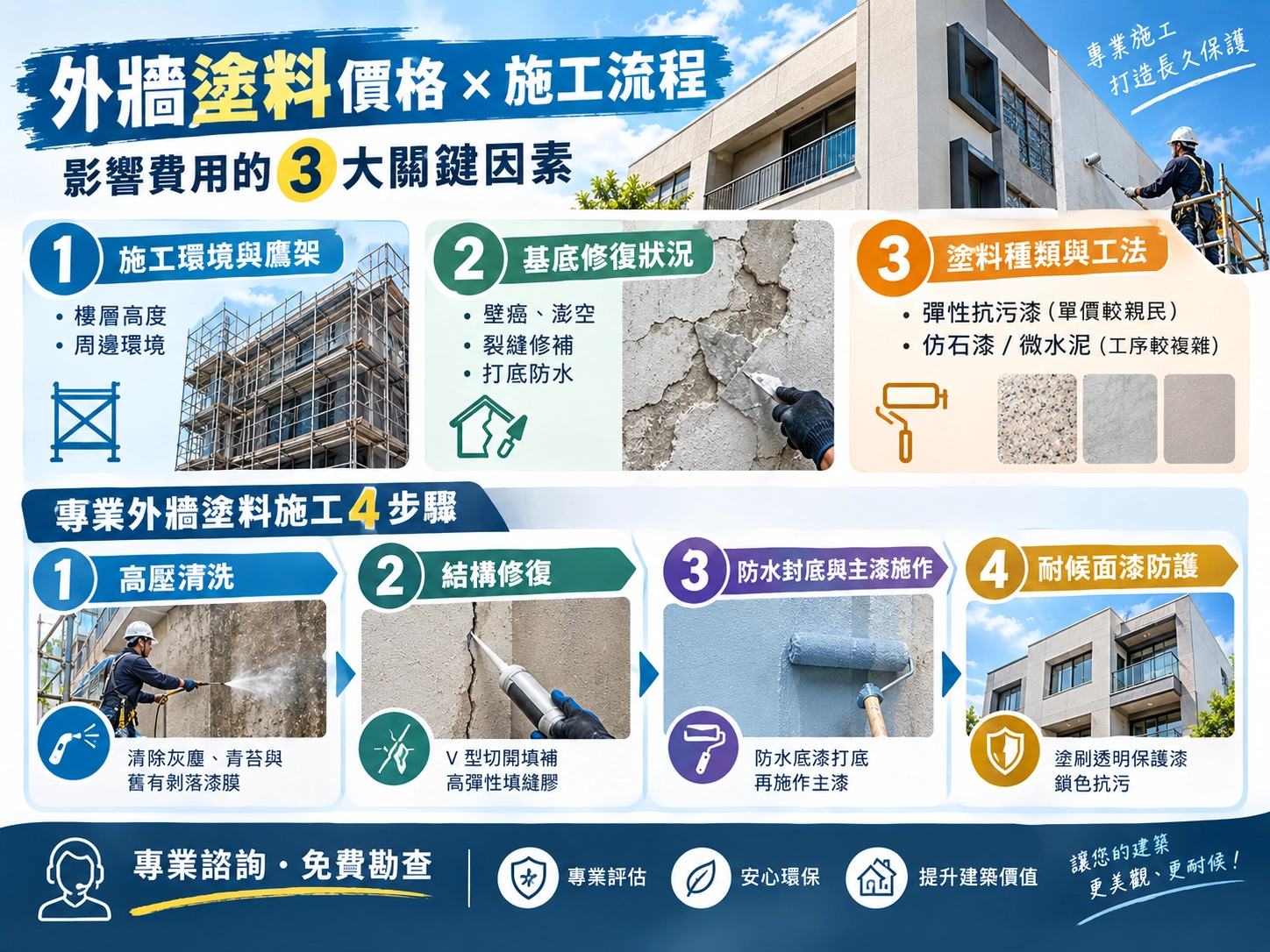 克信藝術塗裝|外牆塗料影響價格 3 大因素與施工 4 步驟流程圖