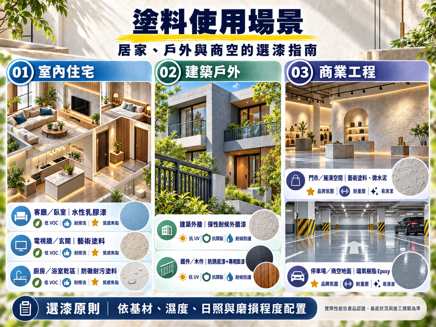塗料使用場景指南|住宅牆面、建築外牆、商業空間與停車場適用塗料示意圖