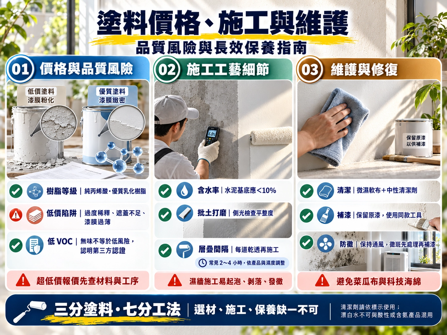 塗料價格、施工與維護風險|樹脂等級、低 VOC 認證、牆面含水率、補漆與防黴指南