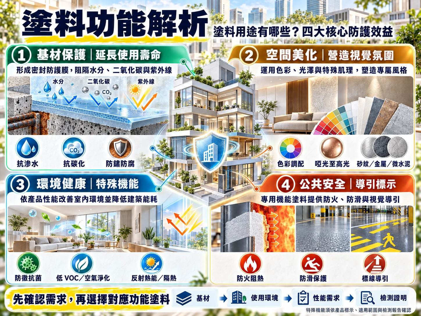 塗料四大核心功能與用途|基材防護、空間美化、健康機能及公共安全標示圖