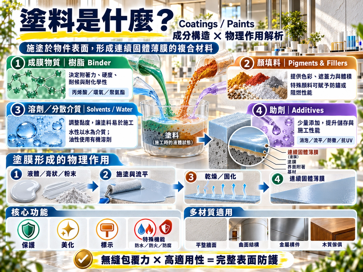 塗料成分構造與物理作用|樹脂、顏填料、溶劑與助劑形成無縫防護膜示意圖