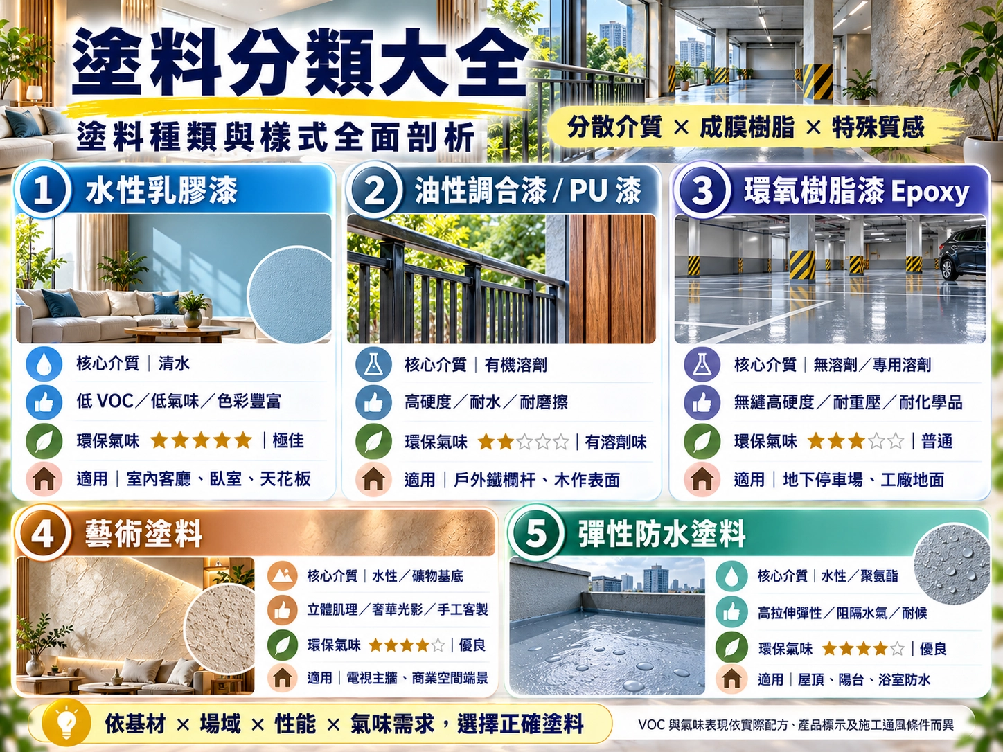 塗料種類與樣式比較|水性乳膠漆、油性 PU 漆、環氧樹脂漆、藝術塗料與彈性防水塗料分類圖