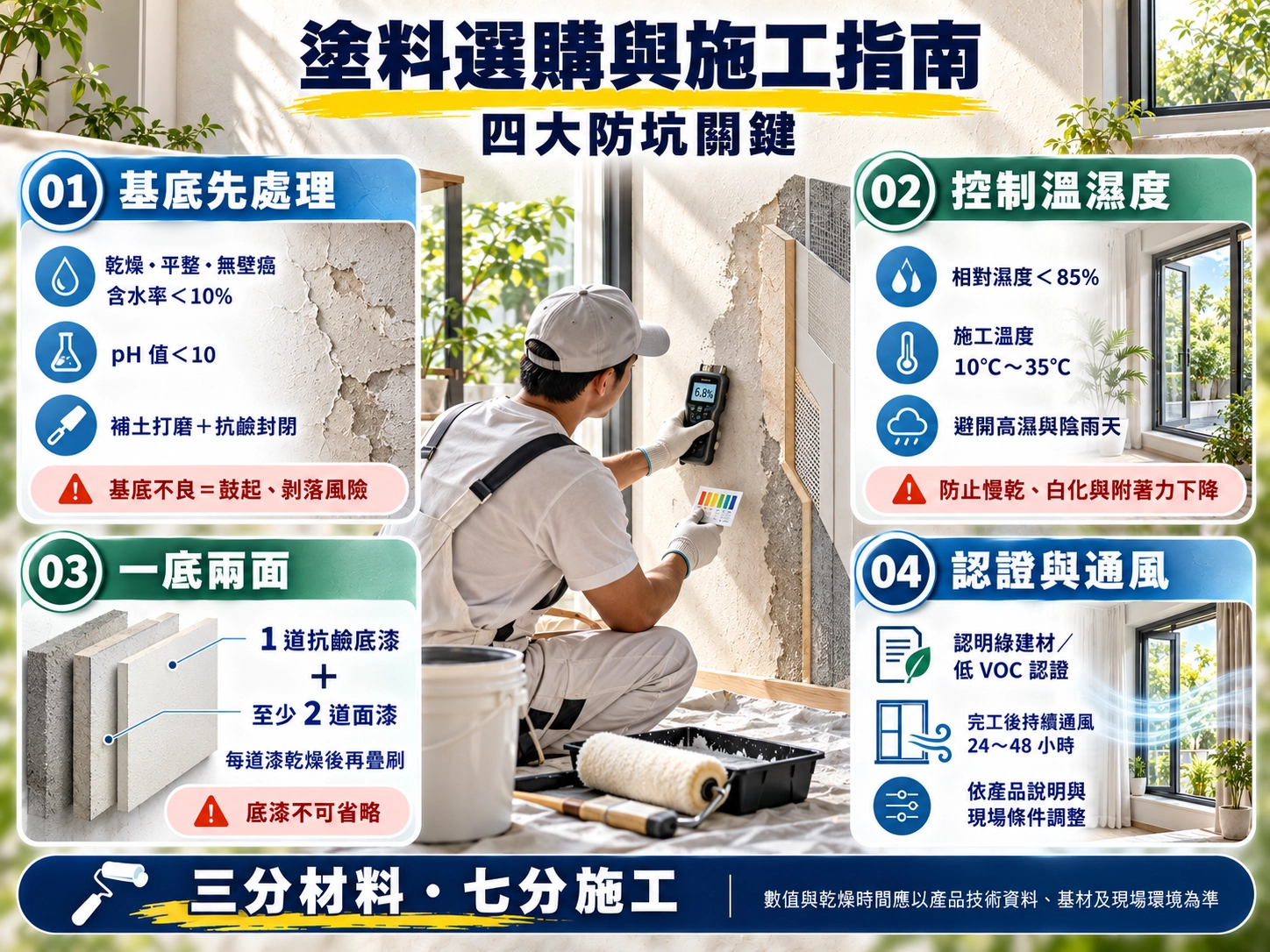 塗料選購與施工注意事項|基底處理、溫濕度控制、一底兩面與低 VOC 認證指南
