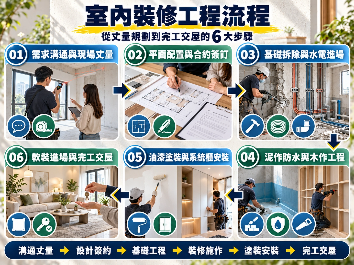 室內裝修工程流程圖｜從需求丈量、設計簽約、水電泥作到塗裝軟裝與完工交屋六步驟
