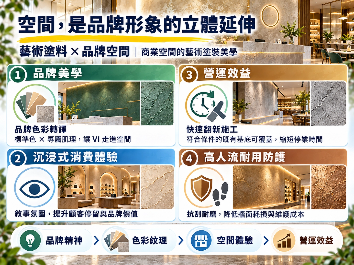 藝術塗料商業空間品牌設計|品牌色彩、沉浸體驗、快速翻新與耐用防護示意圖