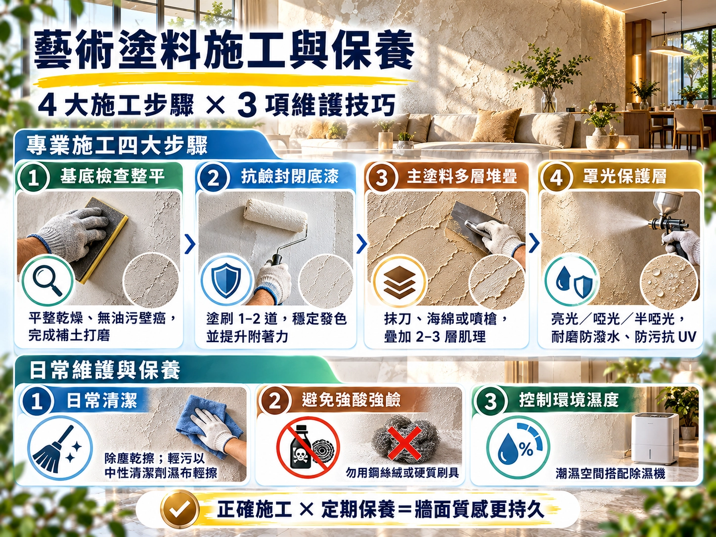 藝術塗料施工工藝與維護保養|基底整平、底漆、多層堆疊、罩光及日常清潔示意圖