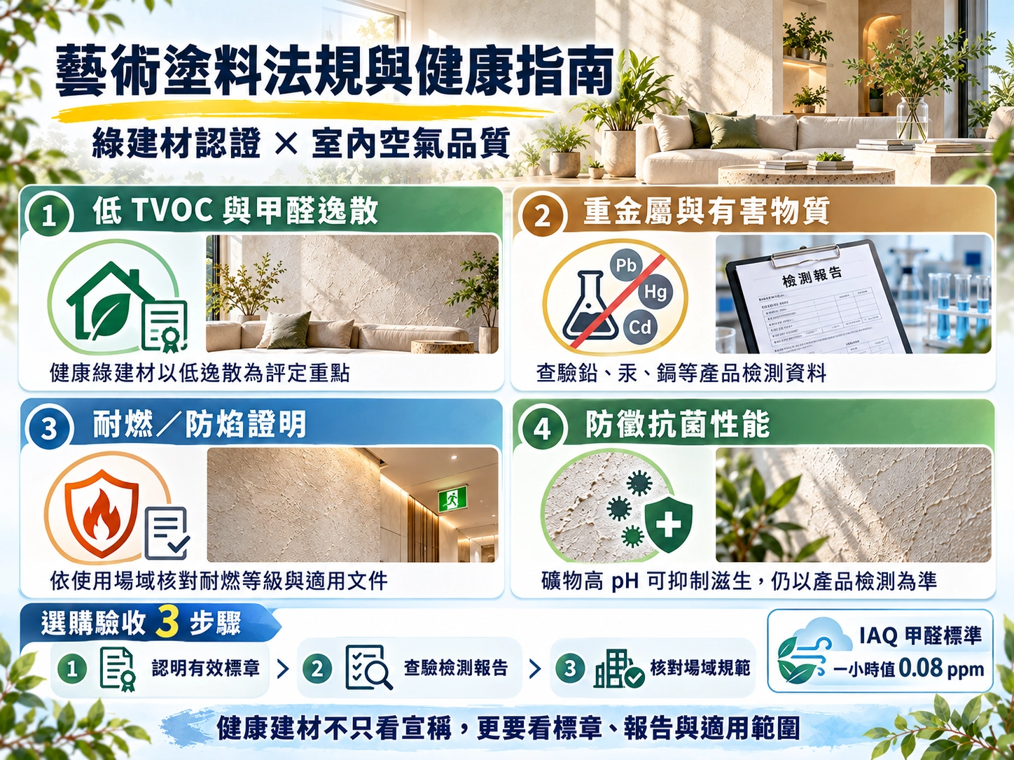 藝術塗料法規與健康指南|低TVOC、甲醛、重金屬、耐燃防焰及防黴性能查驗圖