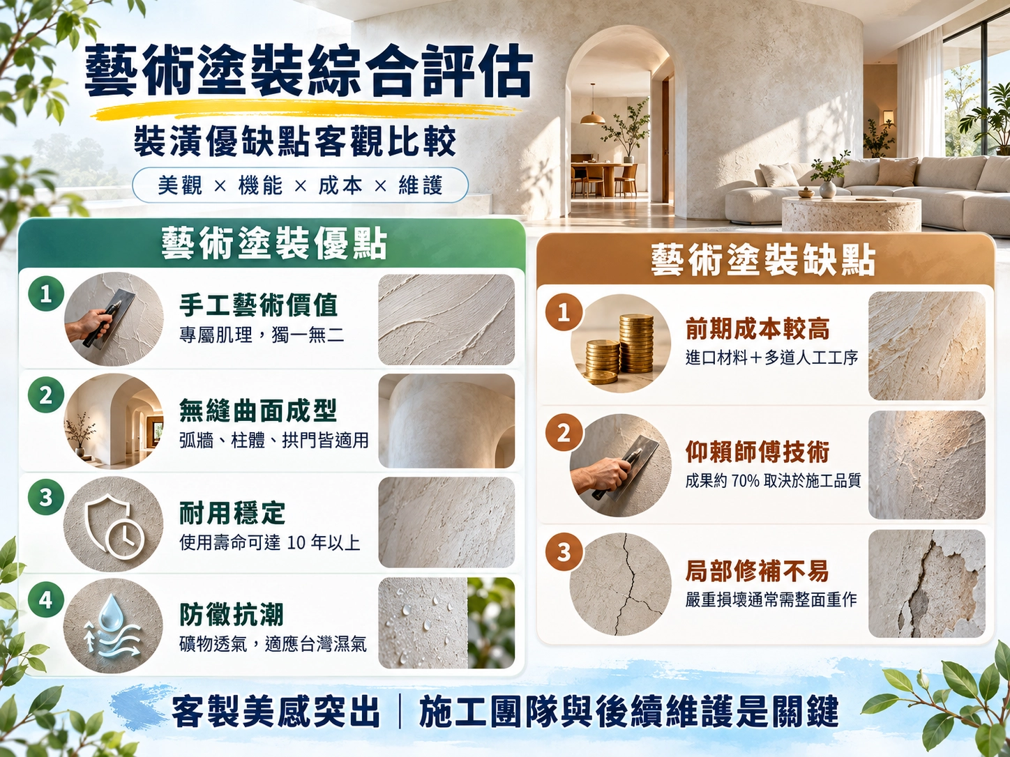藝術塗裝優缺點綜合評估|手工肌理、無縫曲面、耐用防潮與施工成本比較圖