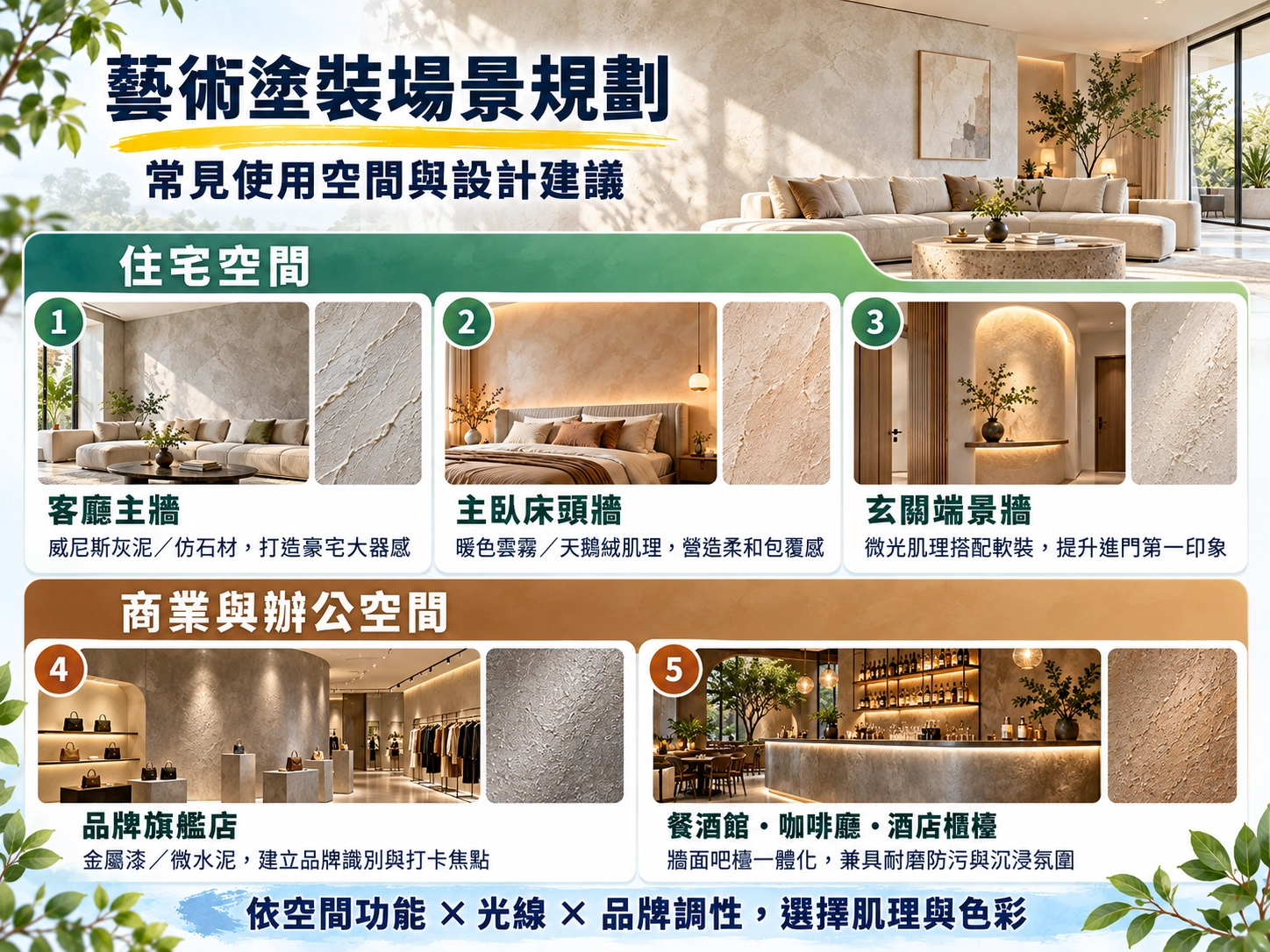 藝術塗裝常見使用場景與設計建議|客廳、臥室、玄關、旗艦店及餐飲空間應用圖