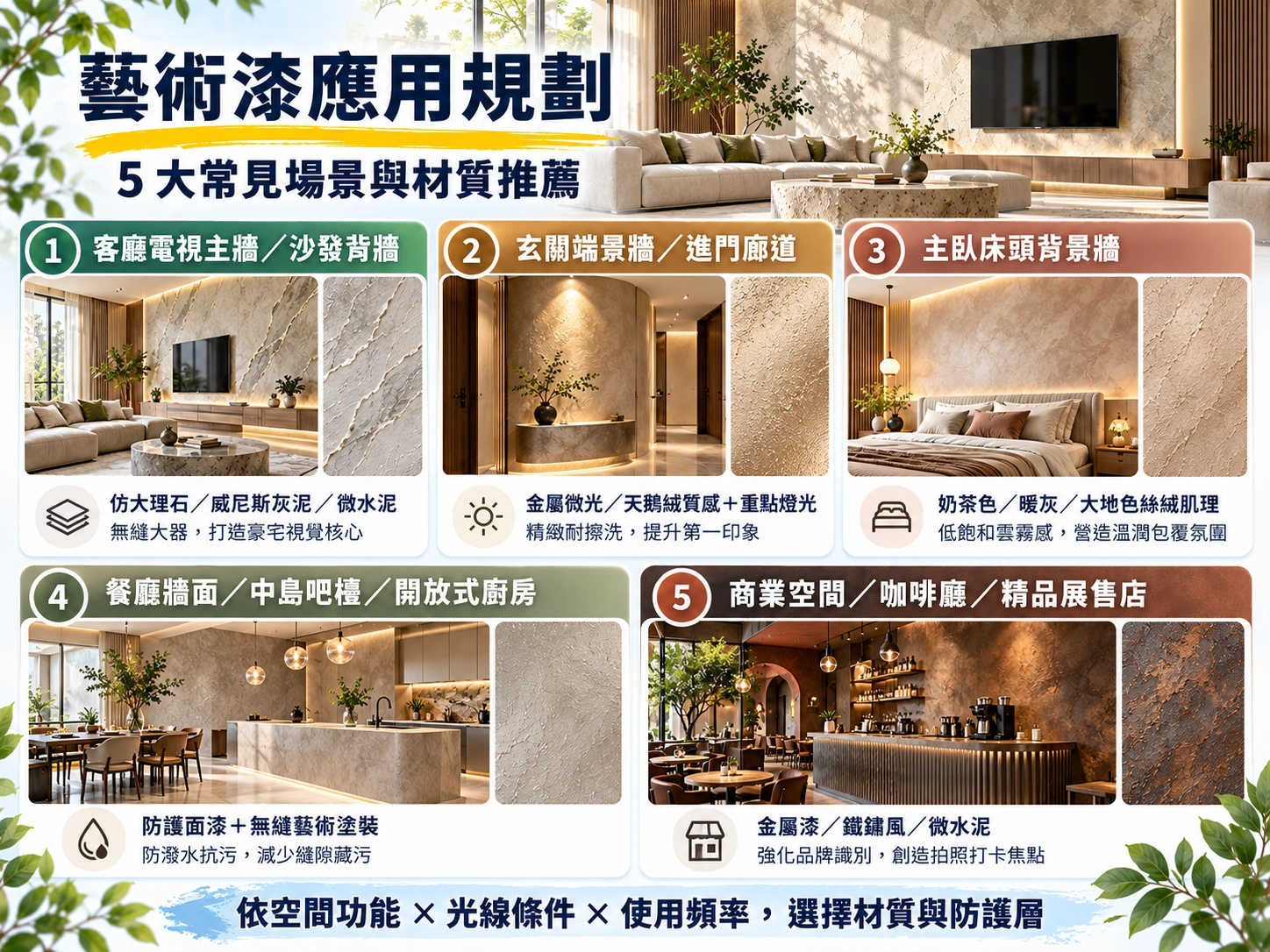 藝術漆五大應用場景推薦|客廳電視牆、玄關、臥室、餐廚與商業空間規劃圖
