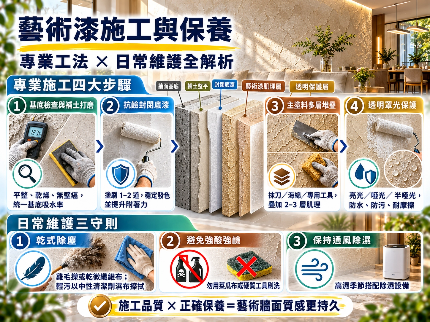 藝術漆施工與保養流程|基底打磨、抗鹼底漆、肌理堆疊、罩光保護與日常維護圖