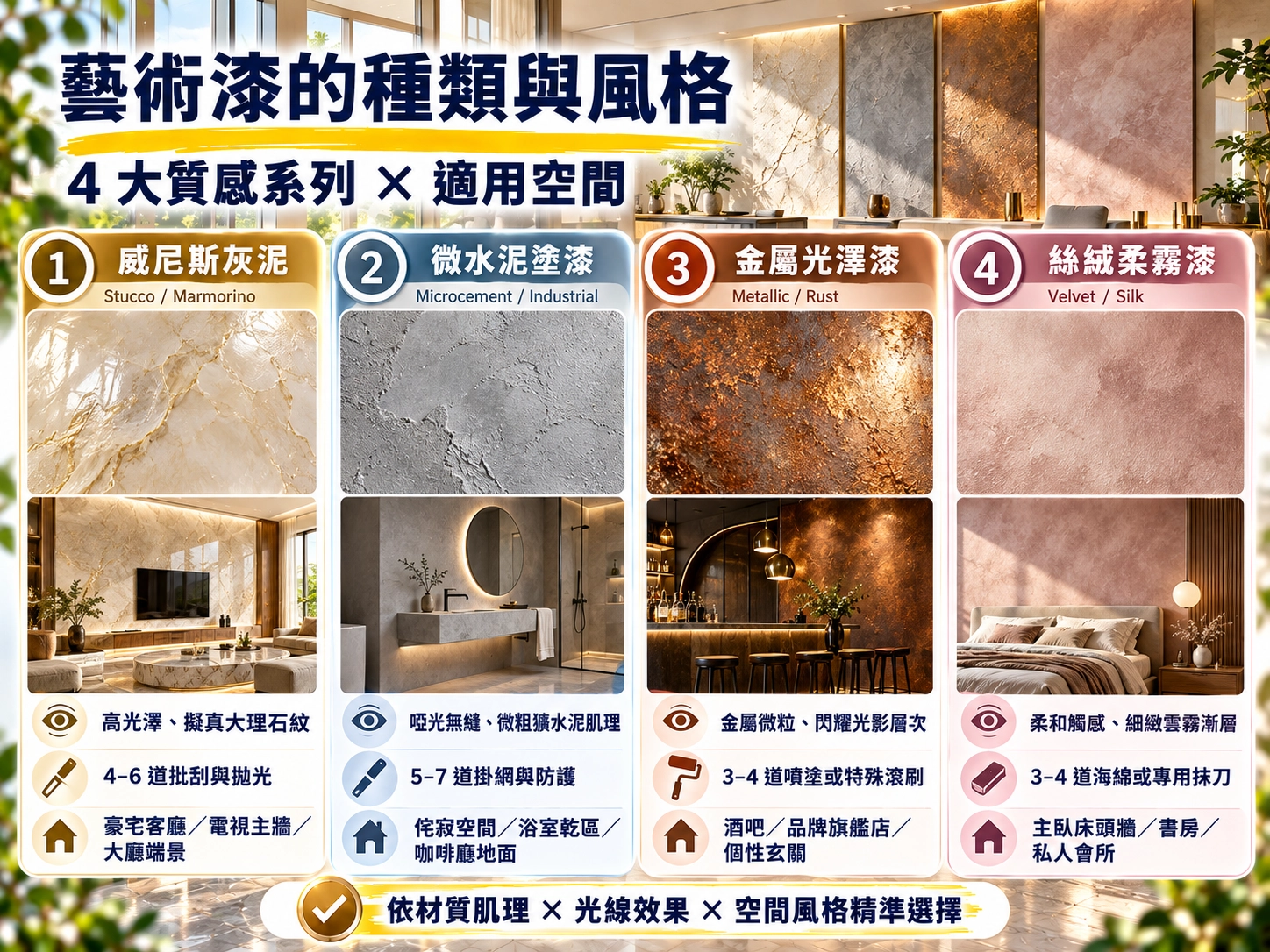 藝術漆種類與風格比較|威尼斯灰泥、微水泥、金屬光澤及絲絨柔霧漆適用空間圖