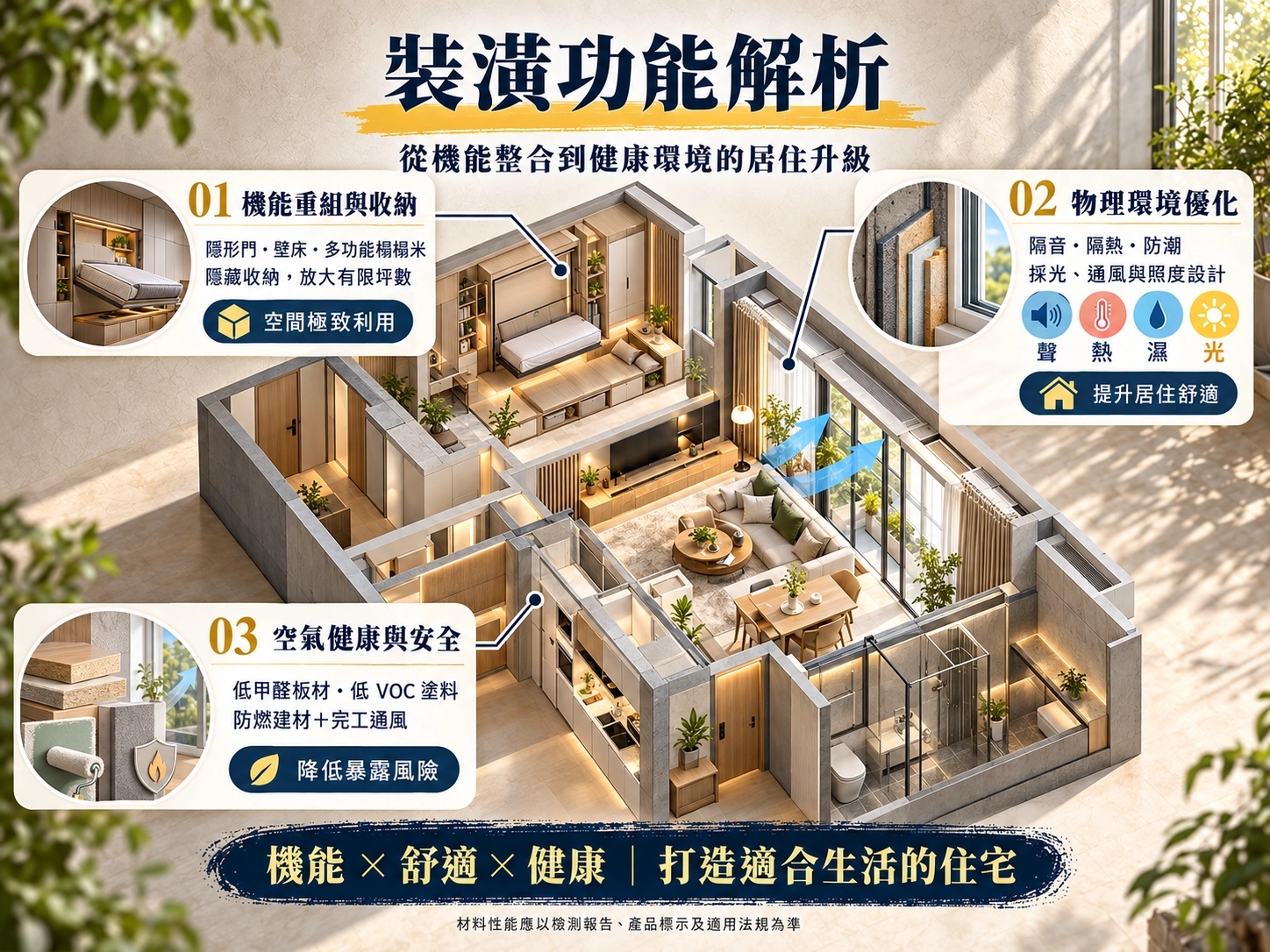 裝潢功能解析示意圖｜空間收納、隔音隔熱防潮與室內空氣健康改善