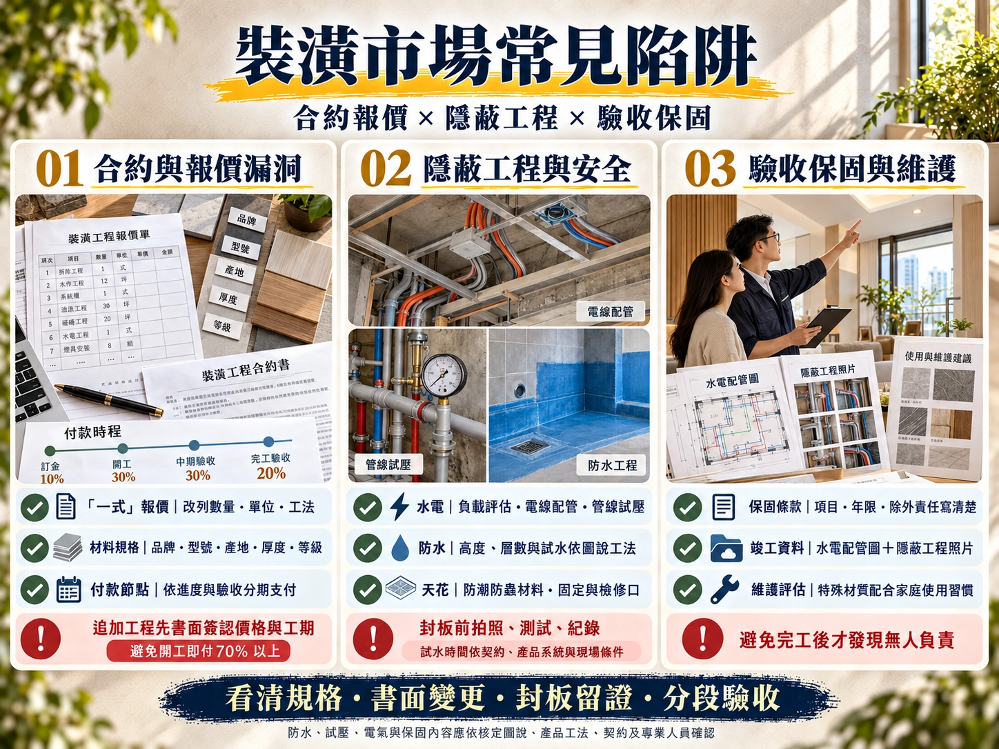 裝潢市場常見陷阱｜模糊報價、追加工程、水電防水、驗收保固與竣工圖指南