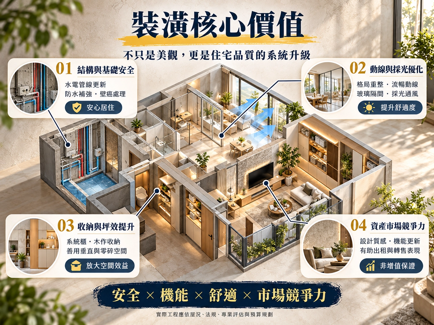 裝潢核心價值示意圖｜住宅安全、空間動線、採光收納與房屋市場競爭力解析