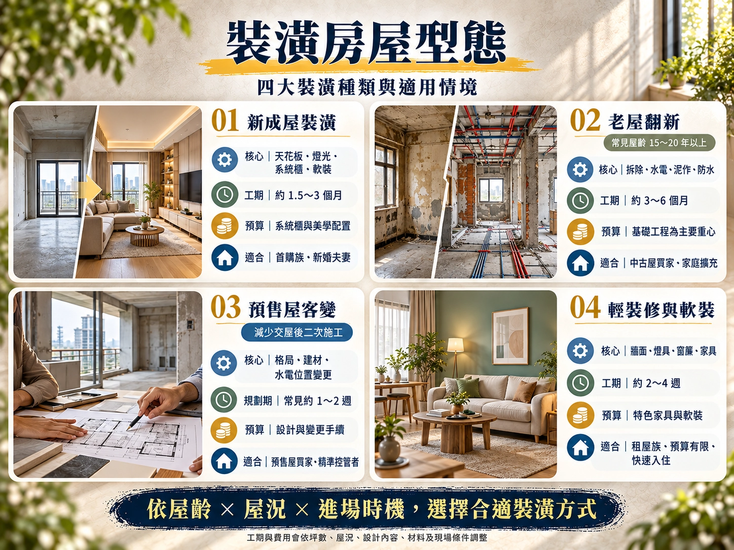 裝潢種類與房屋型態比較｜新成屋、老屋翻新、預售屋客變及輕裝修工期解析
