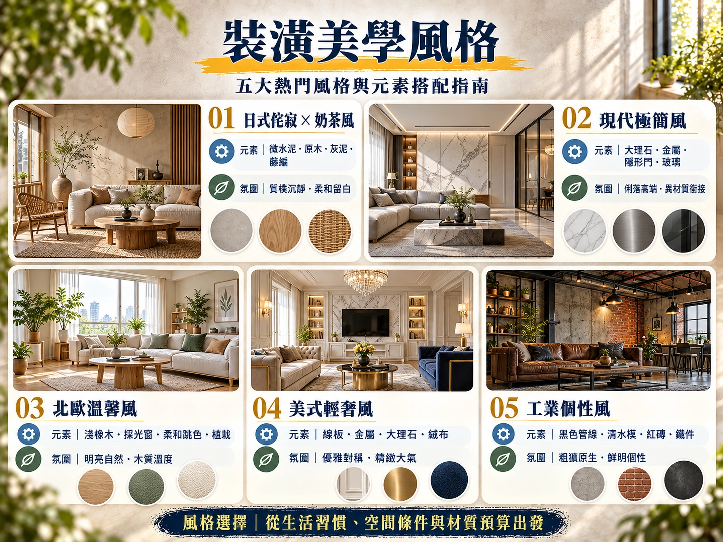 裝潢美學風格比較｜日式侘寂、現代極簡、北歐、美式輕奢與工業風元素指南