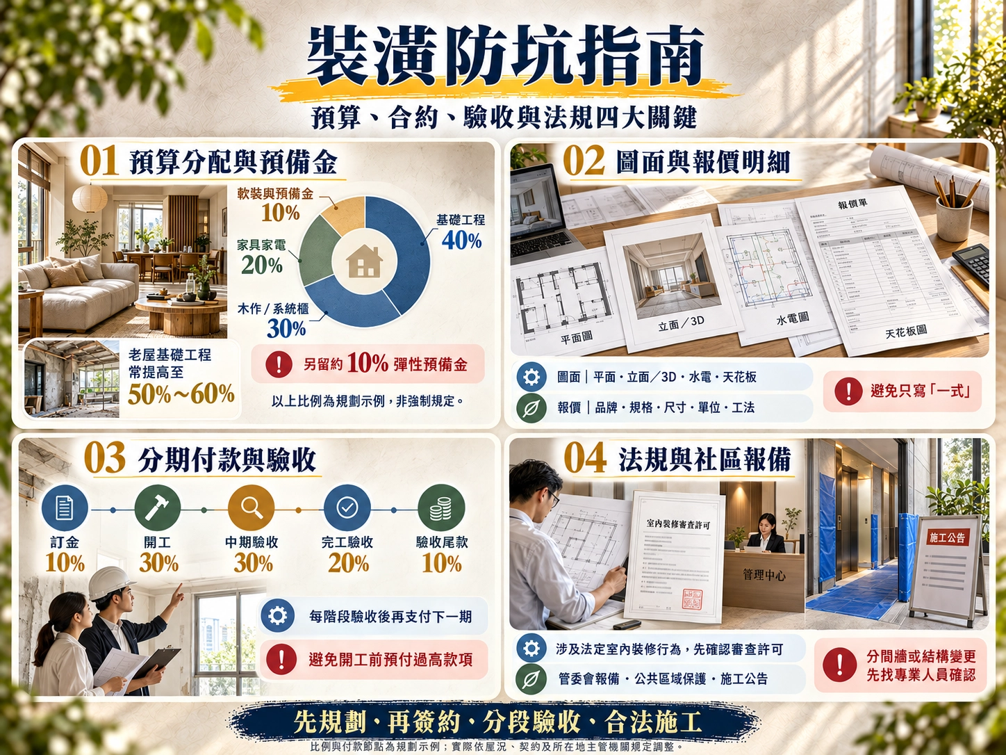 裝潢防坑四大關鍵｜裝修預算分配、報價明細、分期驗收與室內裝修法規報備